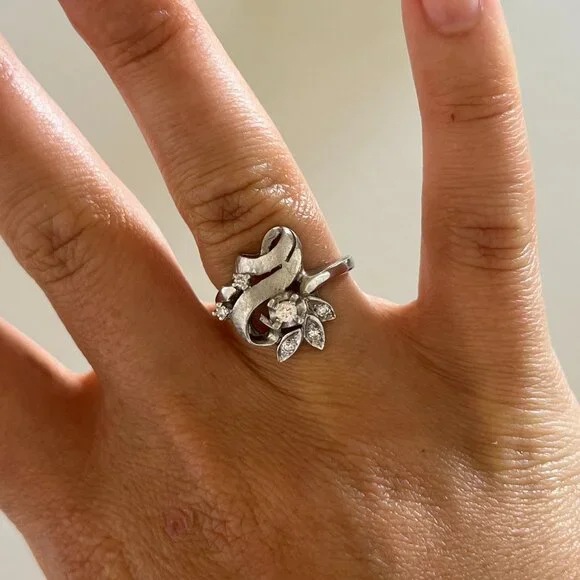 Antique Art Deco 14k White Gold Diamond Cocktail Ring Vintage Size 6 - Picture 5 of 7